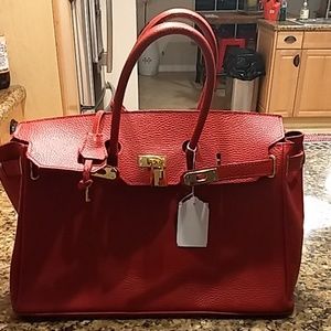 Red leather Birkin style Italian handbag